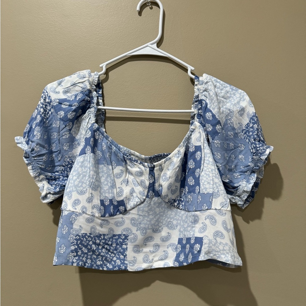 Blue Pattern Crop Blouse